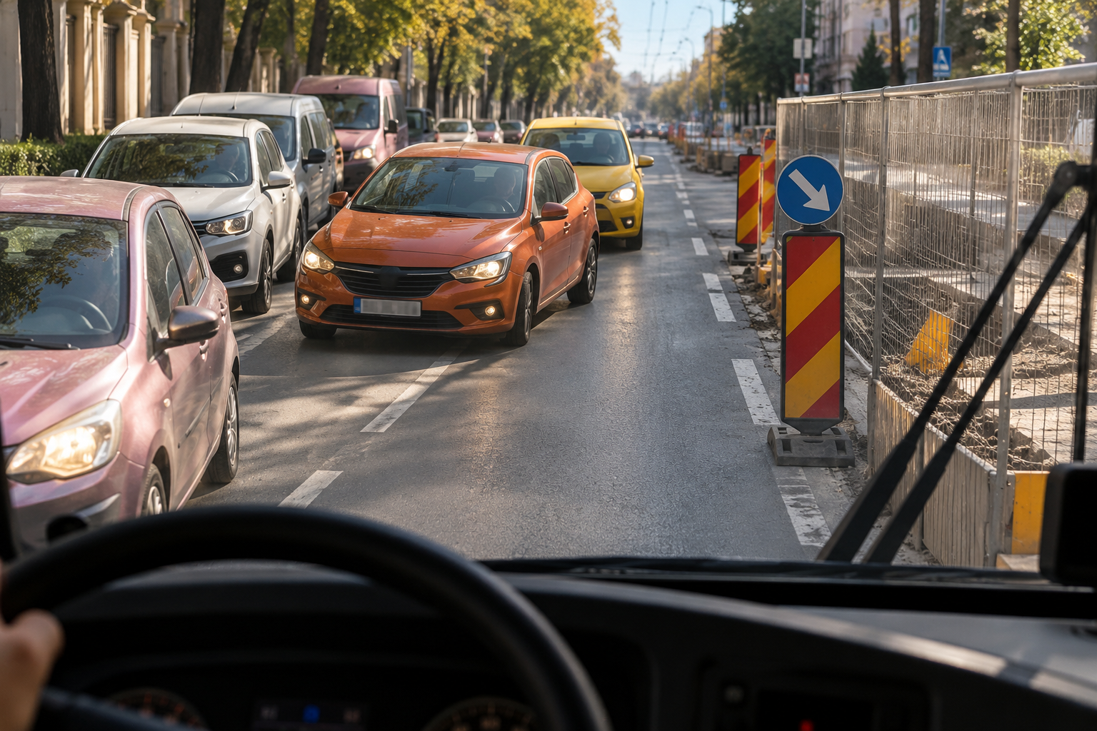 Situație în trafic văzută dintr-un troleibuz, în apropierea unei lucrări rutiere